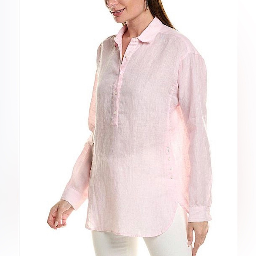 J. McLaughlin Fallon Linen Tunic Top Pink White Stripe Classic Comfort Sz LG